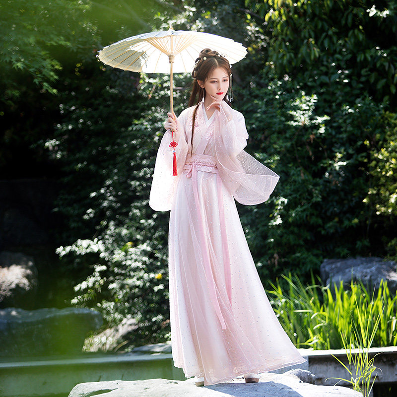 粉色樱花汉服女改良古装中国风超仙气飘逸古风演出服连衣长裙套装