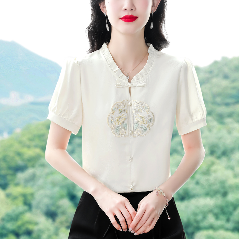 国风刺绣衬衫新中式女装2024夏款显瘦宽松木耳领上衣盘扣真丝衬衣