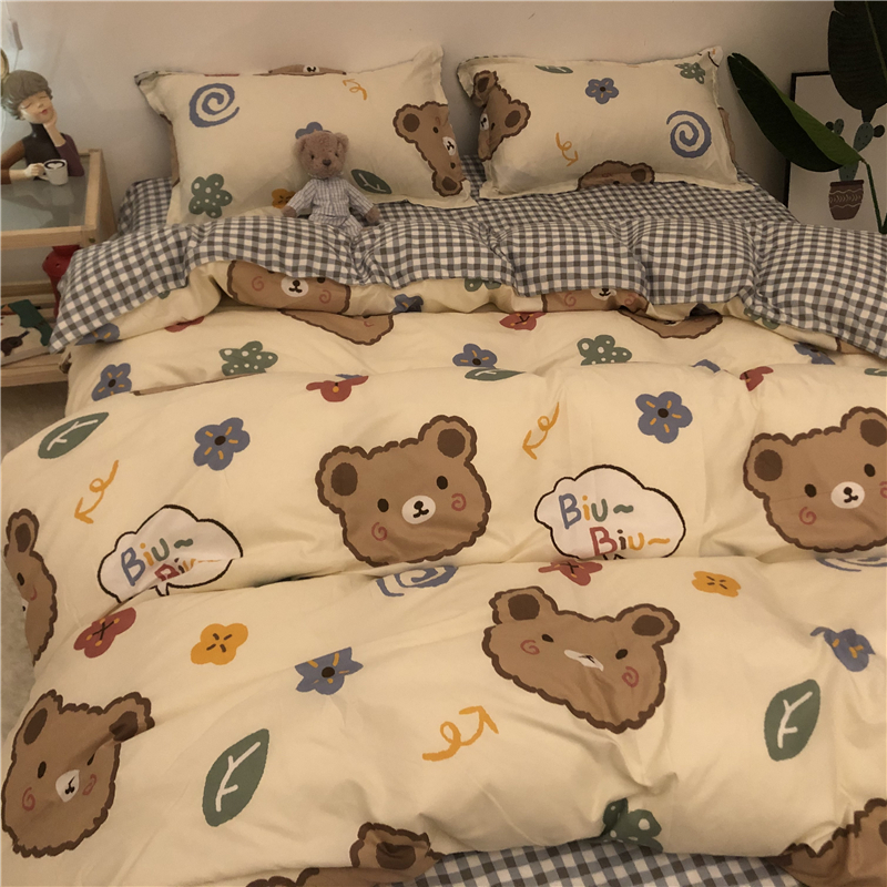 可爱卡通小熊四件套1.8床上用品简约清新水洗棉床单三件套ins被套