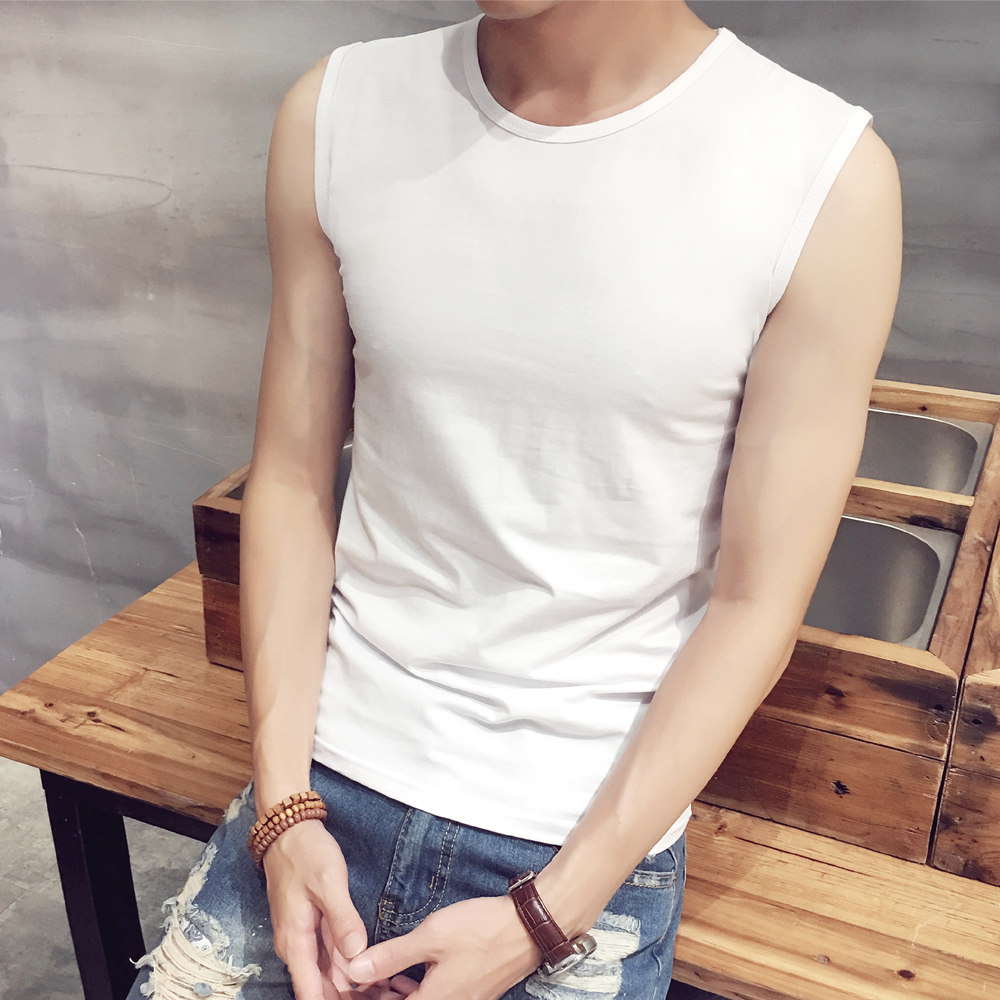 无袖t恤坎肩圆领汗背心男士夏季修身运动纯色宽肩背心健身潮男装