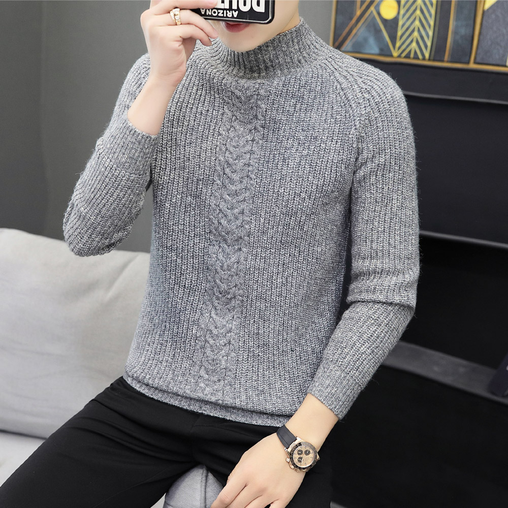 男士毛衣半高领秋冬季加厚修身针织打底衫纯黑色中领线衣潮流男装