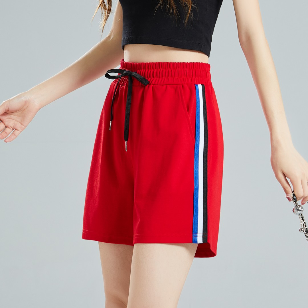 红色运动短裤女夏季外穿薄款健身舞蹈宽松高腰显瘦休闲阔腿五分裤