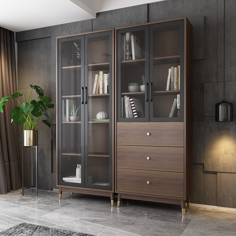 北欧家用带玻璃门书柜书架整墙落地 简约现代储物柜大书橱展示柜