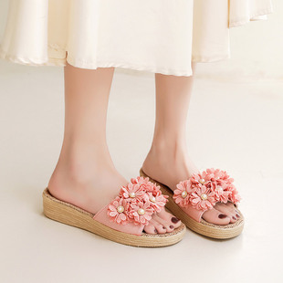 厚底坡跟时尚家用亚麻拖鞋女公主风布艺花朵居家凉拖外穿显高夏季
