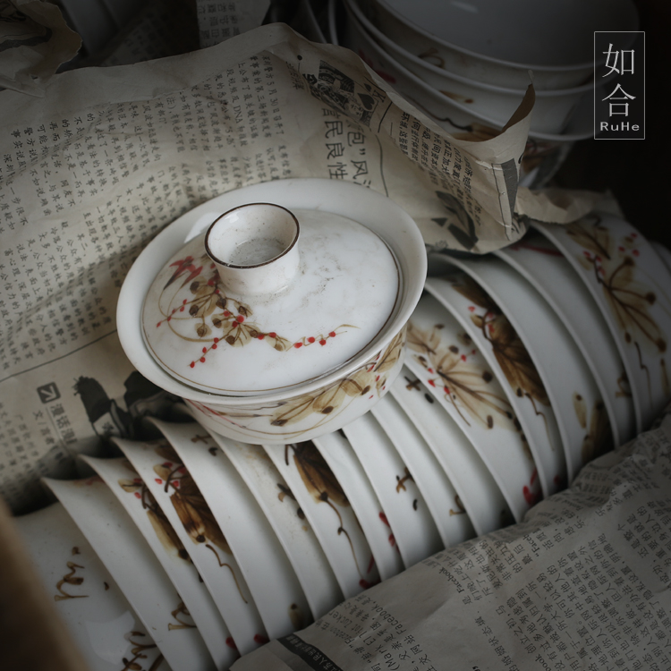潮州枫溪90年代库存纯手工手绘釉下彩高温茶盖碗三才碗功夫茶盖杯