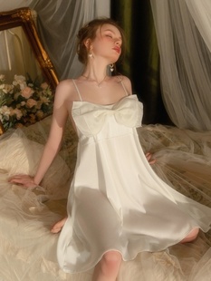 蝴蝶结性感睡衣女夏季薄款丝绸吊带女生白色纯欲风高级感冰丝睡裙