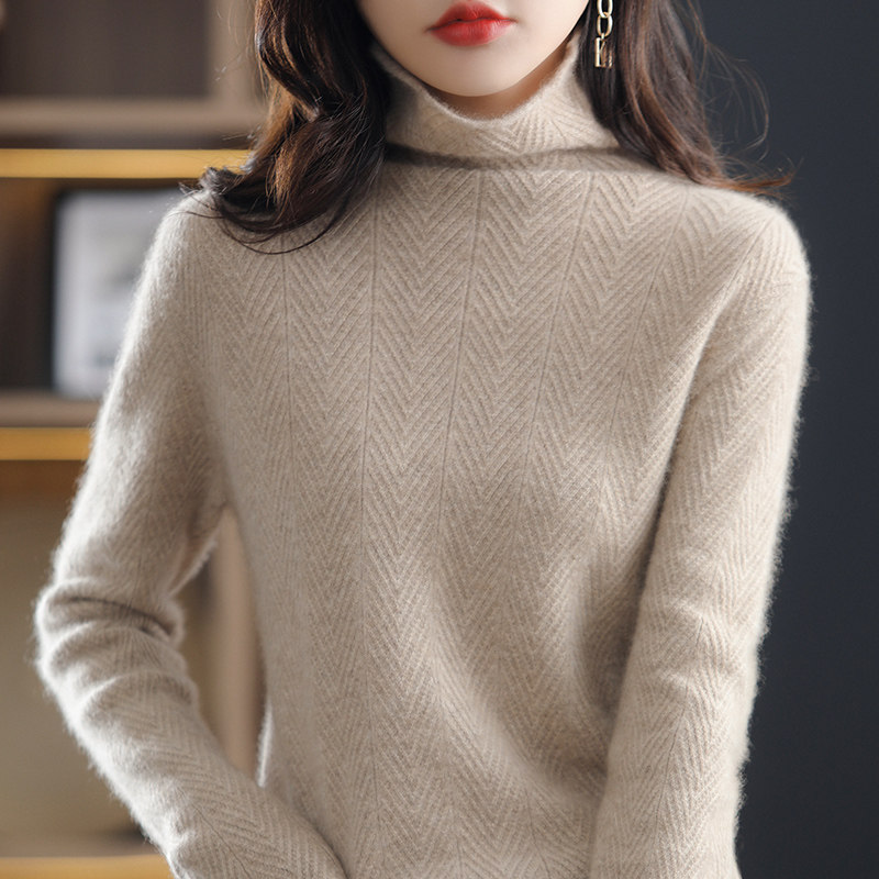 时尚绞花高领100纯羊毛衫女秋冬加厚保暖羊绒衫短款套头打底毛衣