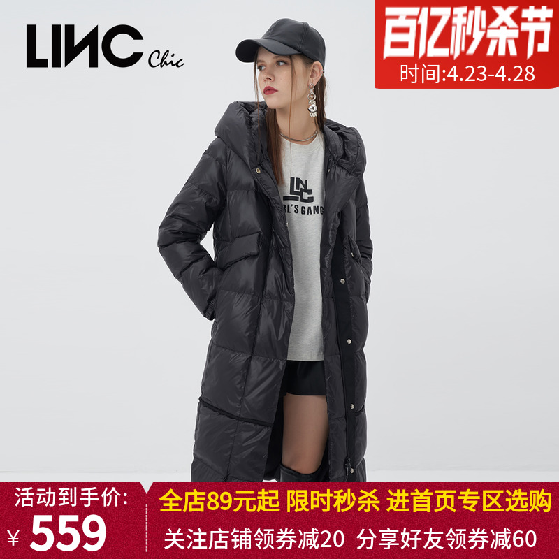 LINC金羽杰女2022秋冬新款拼接长款连帽羽绒服冬季女Y21808313