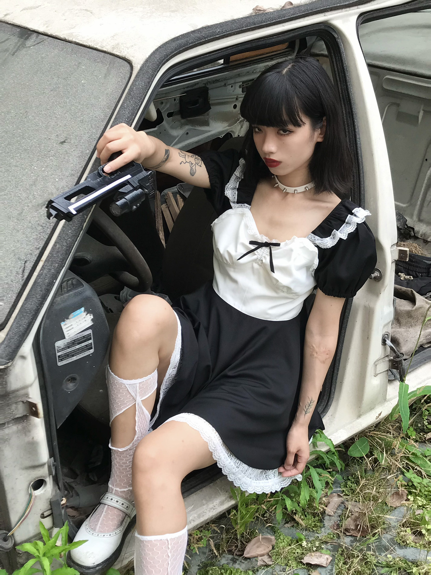 【战斗型态】轻lo战斗女仆感小飞袖连衣裙女夏泡泡袖方领高腰裙子