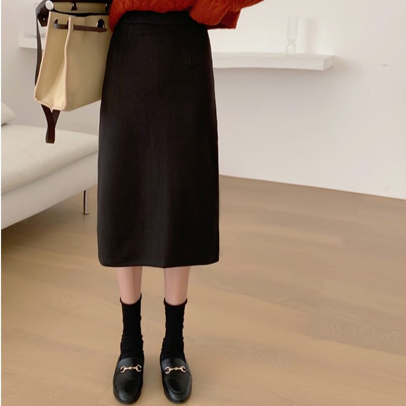 冬日长裙高腰直筒h型黑色毛呢半身裙冬天配大衣里面穿的裙子加厚