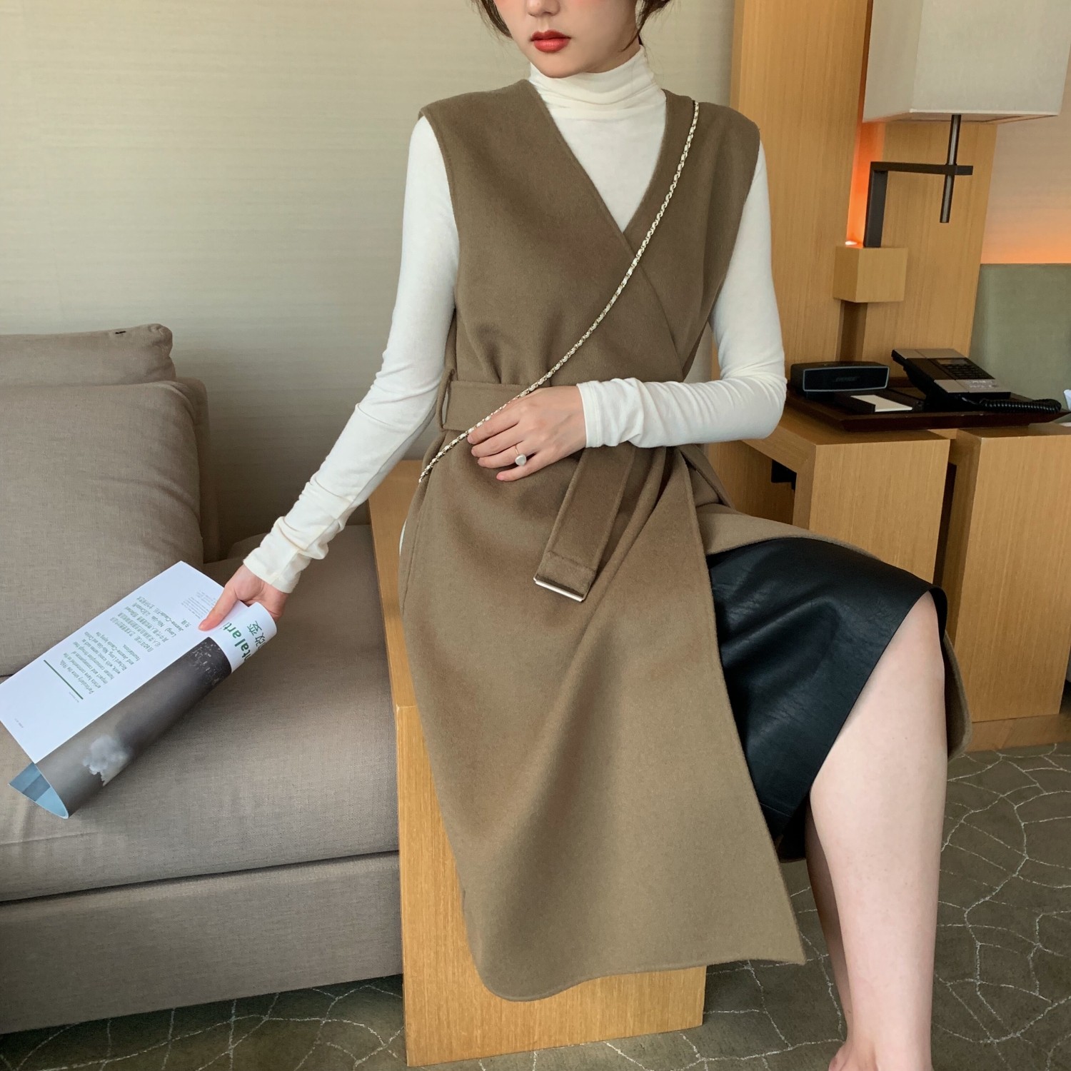 现货福利v领女士外套显瘦双面毛呢中长款马甲