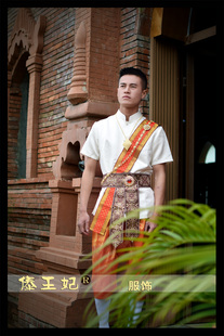 傣王妃服饰泰国风格傣族泼水节服装男套装走秀春夏款米色旅拍写真