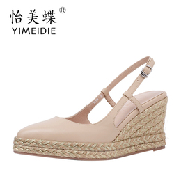 夏季新款真皮厚底防水台一字扣仙女包头凉鞋
