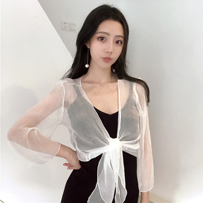 在搭开衫款 夏季薄款仿晒衣女外套夏透明薄纱防晒纱衣长袖小披肩