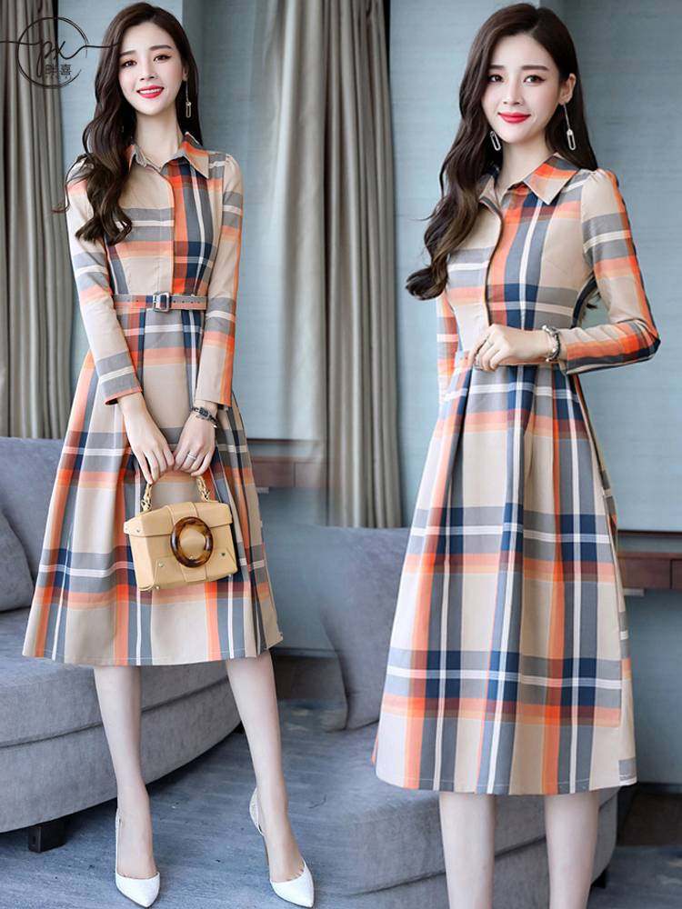 春装长袖格子连衣裙女2022年春秋新款女装气质中长款衬衫打底裙子