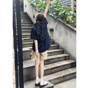 自制藏青色日系工装短袖衬衫女夏季韩版宽松慵懒风小个子气质衬衣