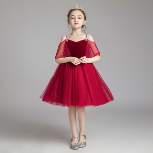 儿童礼服公主裙女童蓬蓬纱模特走秀花童主持人钢琴演出服表演红色
