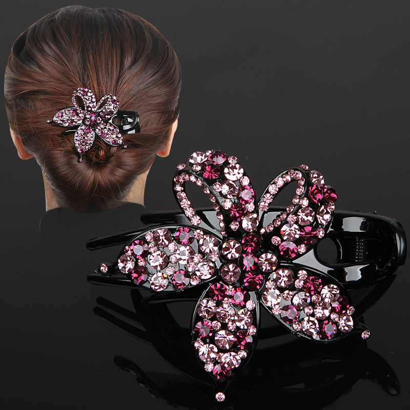 盘发三齿夹花朵水钻顶夹发卡夹妈妈大号抓夹头饰后脑勺鸭嘴夹—发饰