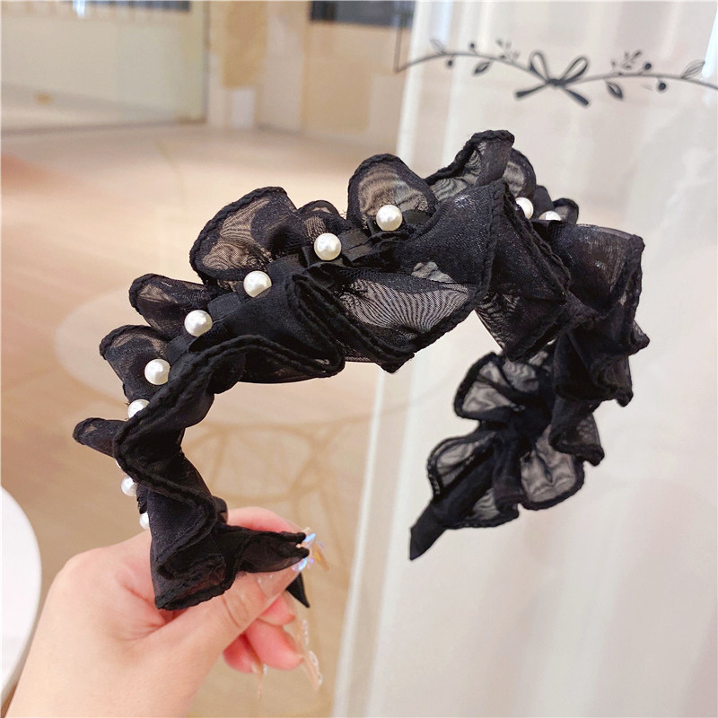 网红花边褶皱黑色高颅顶头饰2022新款发箍女夏天外出韩国优雅头箍