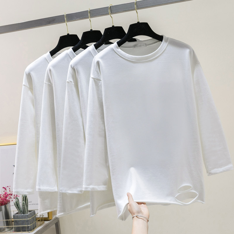 实拍2019春装新款春季衣服下摆破洞长袖t恤女中长款上衣服潮