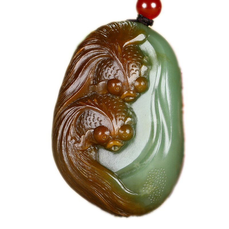 新疆如春玉雕工作室作品《金鱼满堂》和田玉碧玉挂件43.45g