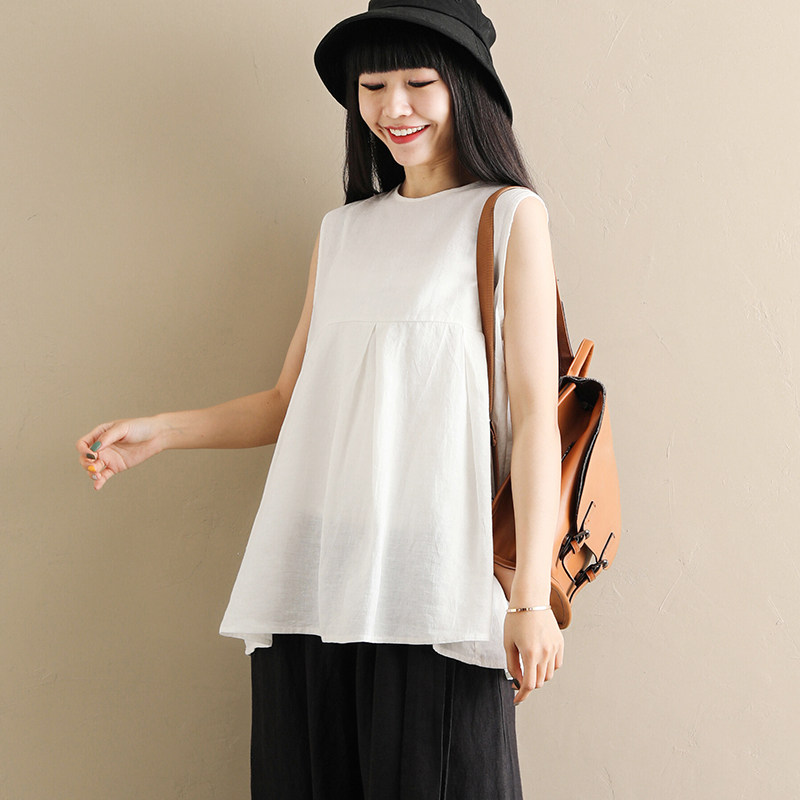 棉麻背心女夏季新款春夏宽松中长款亚麻t恤上衣外穿大码无袖白色