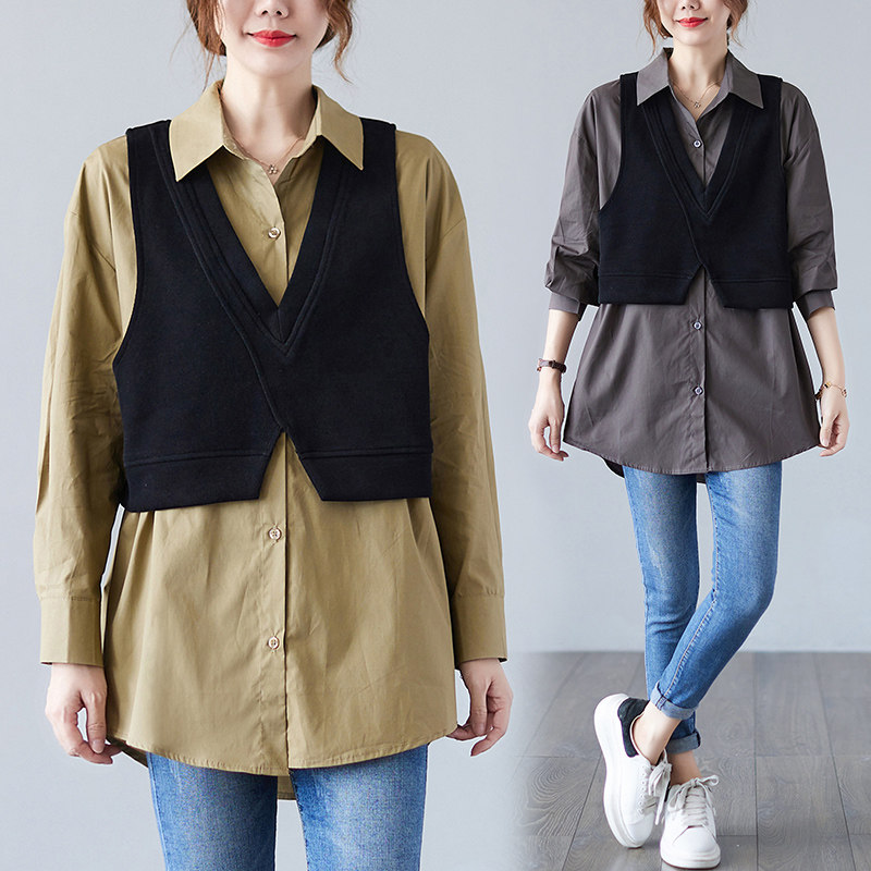 衬衫配马甲两件套女秋季2021新款胖妹妹宽松大码休闲工装衬衣套装