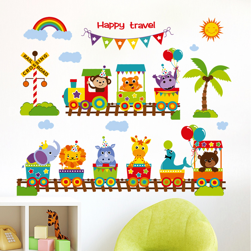 可移除墙贴卡通火车动物幼儿园儿童房贴纸墙纸自粘装饰教室布置