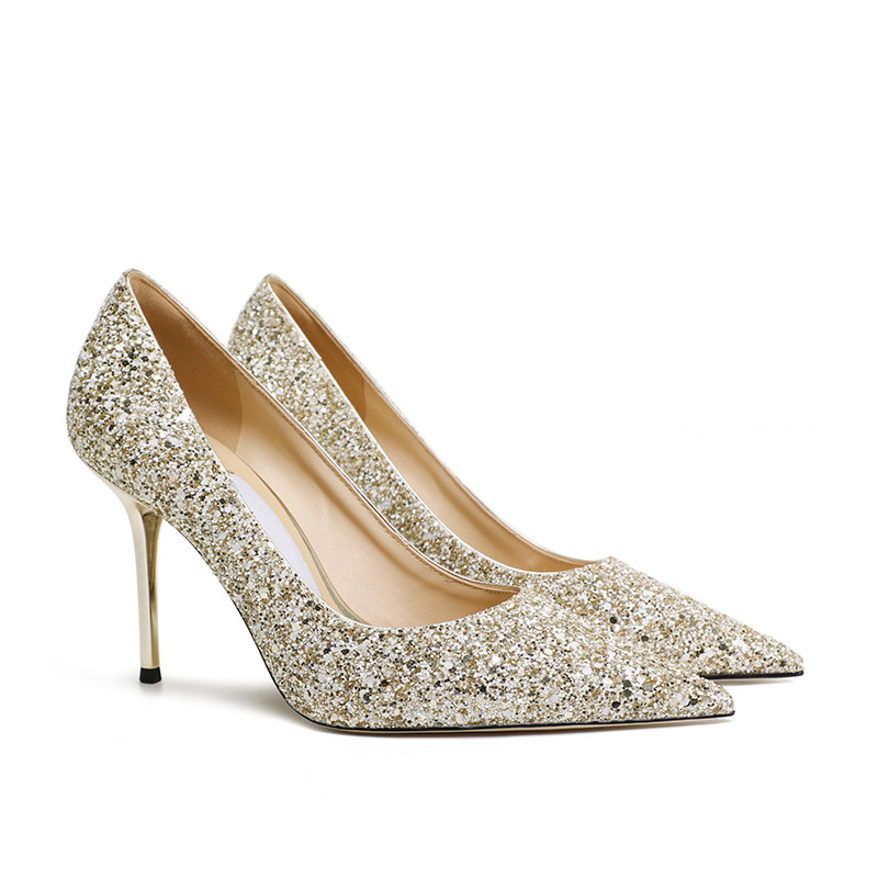 jc高跟鞋女尖头春季2022年新款细跟真皮单鞋金色主婚纱婚鞋新娘鞋