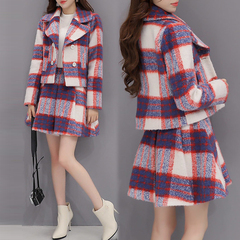 毛呢时尚套装女2016冬季新款韩版长袖加厚外套短裙两件套格子套裙