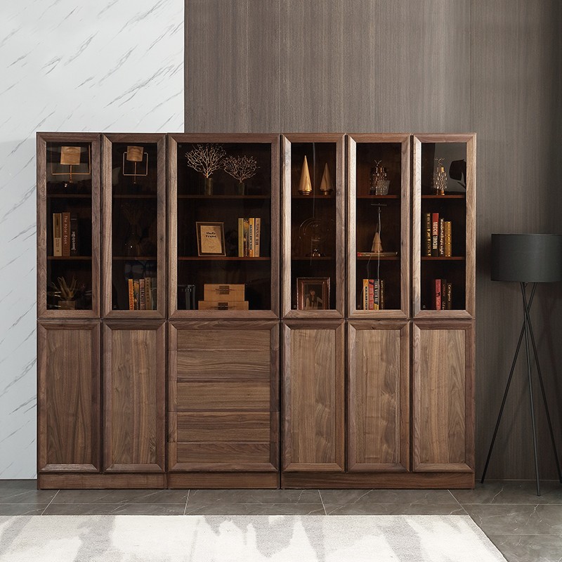 爱绿居北美黑胡桃木实木书柜意式轻奢别墅家具书柜组合书柜70