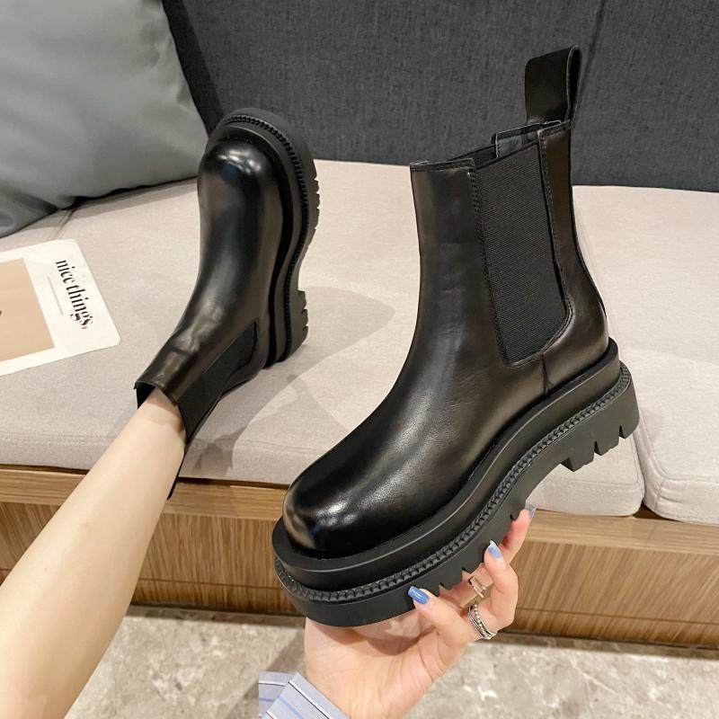真皮厚底增高烟筒靴女2021年春秋爆款百搭英伦风切尔西马丁短靴子