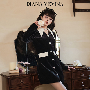 DIANA VEVINA黑色翻领宫廷风泡泡袖中长款轻奢高级感连衣裙23AW