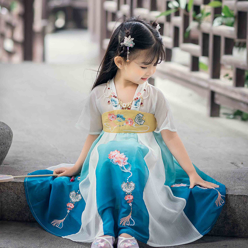 汉服女童夏款中大童刺绣渐变襦裙小女孩古风连衣裙改良中国风古装