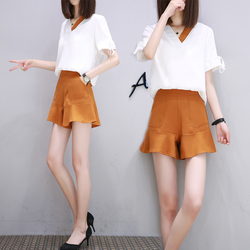 2018新款夏装女装韩版撞色V领白色T恤上衣+