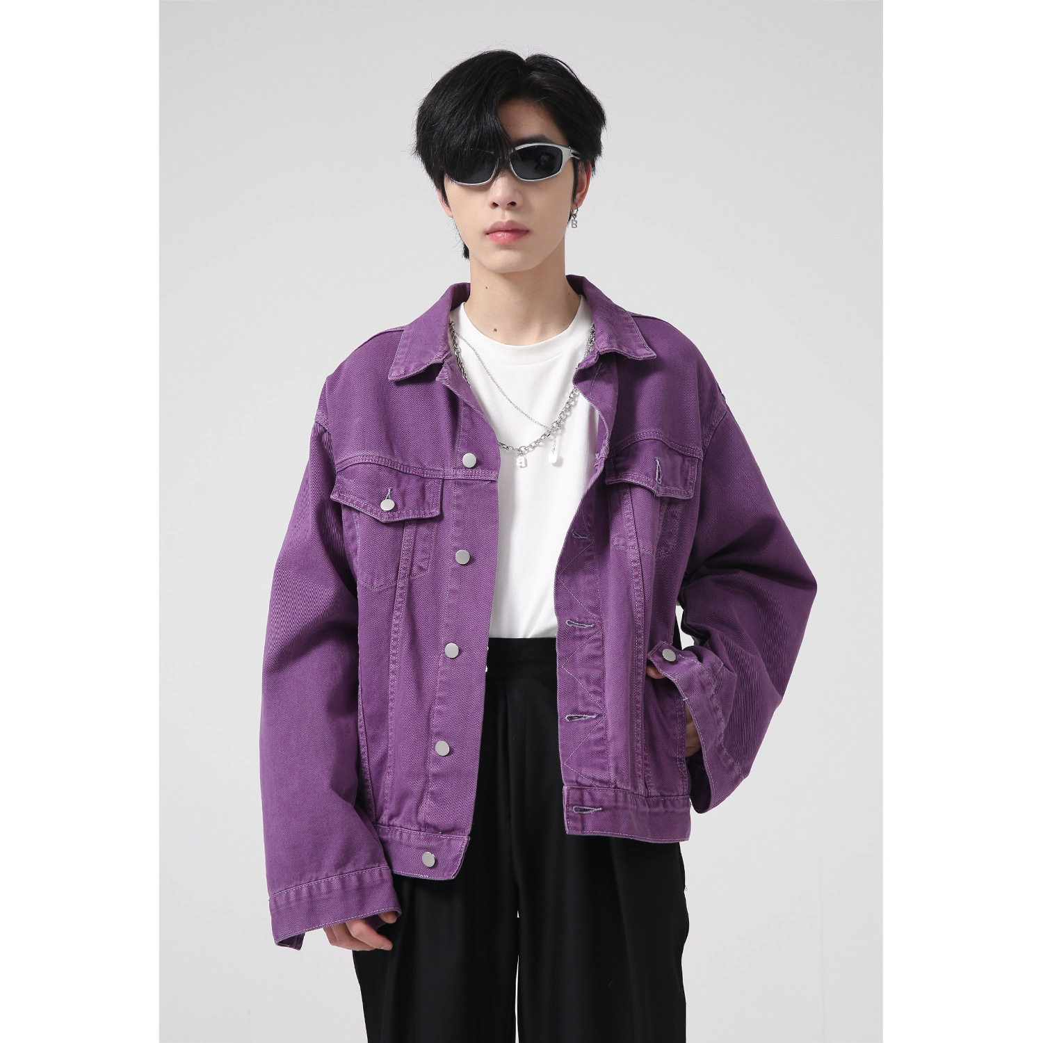 yuquan2022早春新品韩版宽松个性ins紫色网红夹克外套男女同款