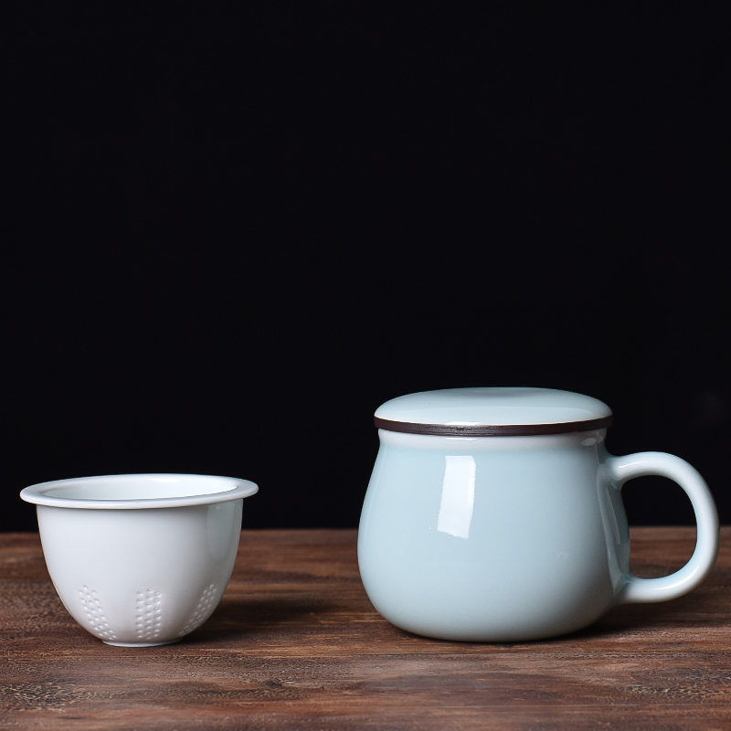 龙泉青瓷茶杯陶瓷办公杯茶水分离带茶漏泡茶杯带盖同心杯马克杯子