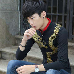 3D霸气立衬衫领中国风男土长袖t恤上衣青年龙动物非主流图案个性