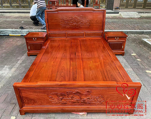 缅甸花梨大果紫檀中式红木大床双人床和谐床实木床榫卯结构中式床
