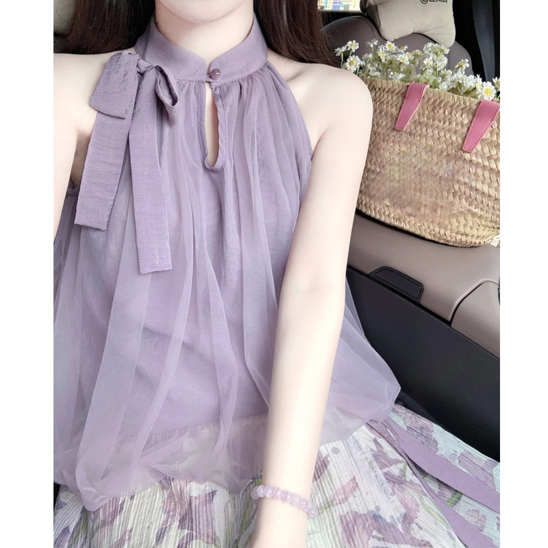 立夏鸢尾 仙气紫色国风短袖削肩上衣＋一片式裙套装女新款夏