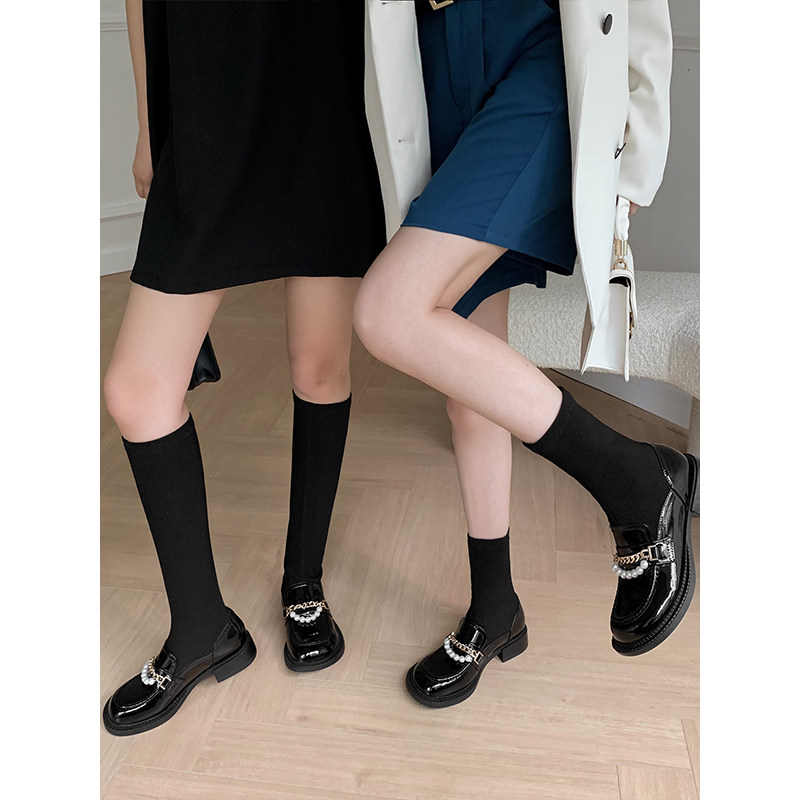 英伦风连袜靴女中筒珍珠漆皮小皮鞋玛丽珍袜子鞋