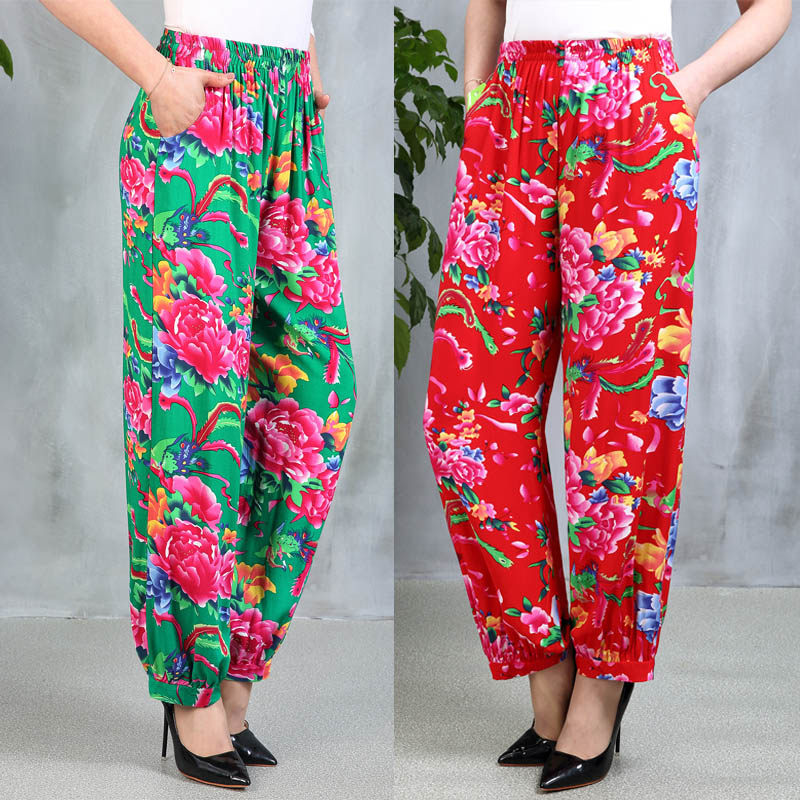 女士灯笼裤棉绸阔腿裤大妈广场舞东北大秧歌花裤子女式高腰长裤