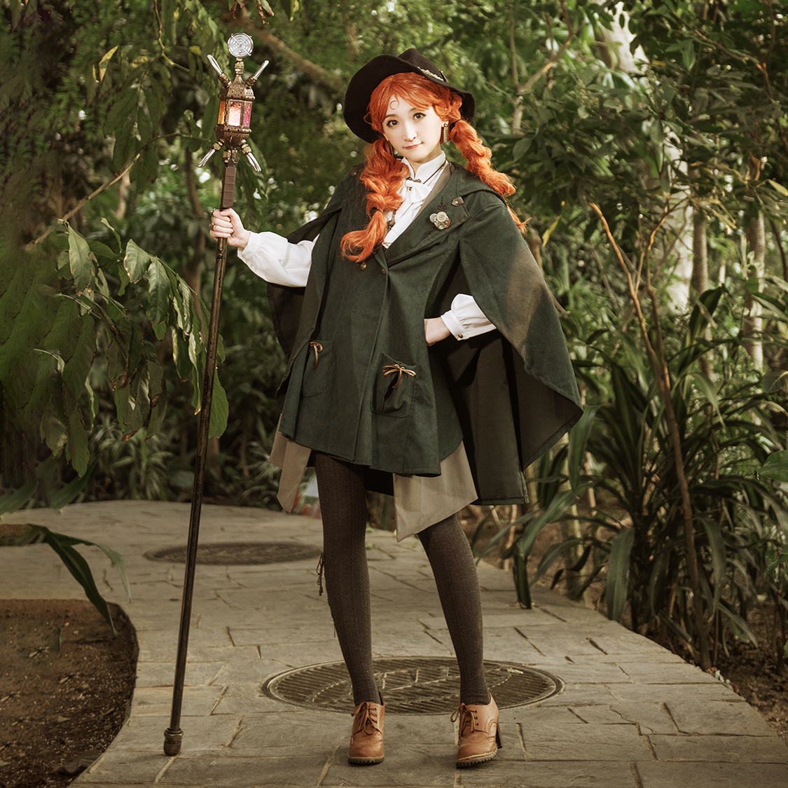 蒸汽大陆 墨绿连帽魔法魔女巫师袍子双排扣斗篷披肩披风无袖外套