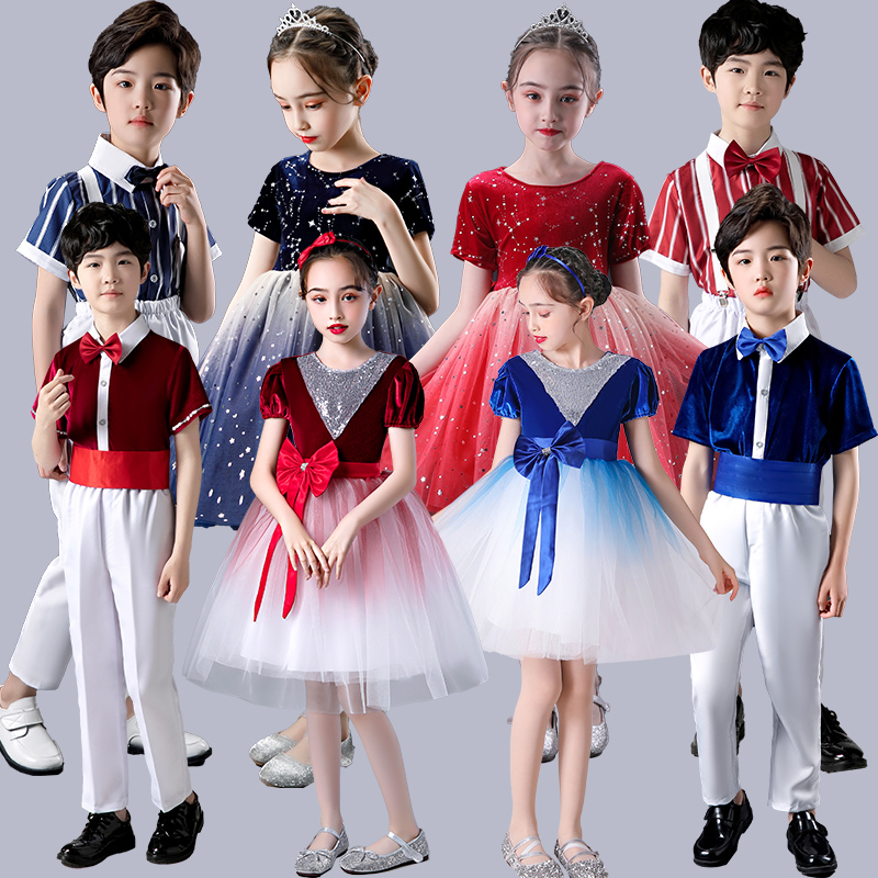 儿童合唱比赛演出服国庆节中小学生诗歌朗诵男女童礼服主持人纱裙