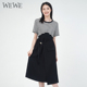 WEWE/唯唯夏季新品女装经典条纹黑白撞色高腰松紧休闲连衣裙