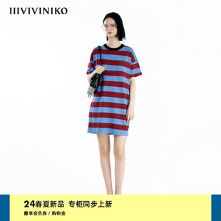 IIIVIVINIKO2024夏季新款休闲H型条纹短袖T恤连衣裙女R421102649C