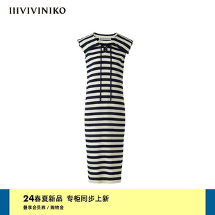IIIVIVINIKO2024夏季新款复古海军领条纹针织连衣裙女R421104651C