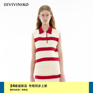 IIIVIVINIKO2024夏季新款“仿手钩针织”宽松条纹polo背心上衣女