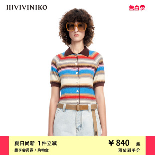 IIIVIVINIKO春夏新品多巴胺宽松条纹针织短袖开衫女M310213621B