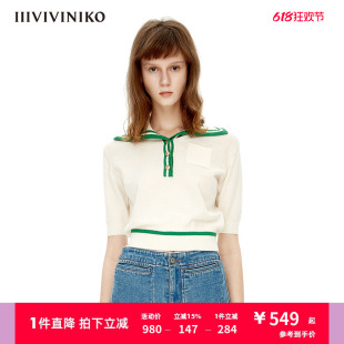 IIIVIVINIKO夏季新品海军领短款polo短袖针织衫上衣女M230116601B